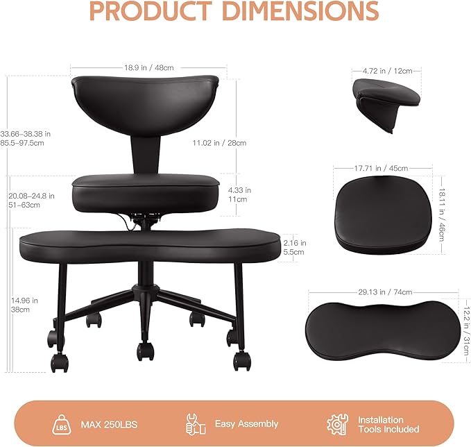 Ergonomic Kneeling Chair with Wheels, Cross Legged Office Chair with High Lumbar Support, 360° Swivel Meditation Chair for ADHD & Yoga, Wide Criss Cross Chair for Home