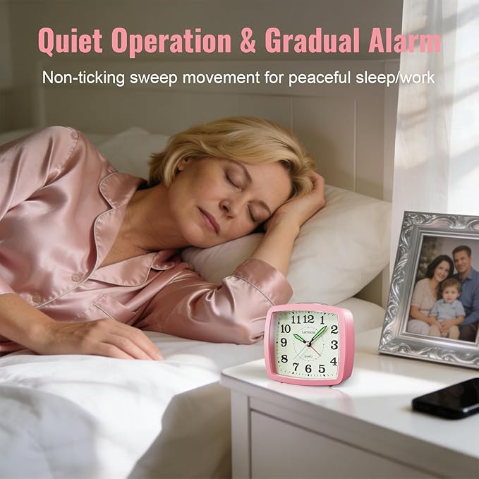 Lamisola Battery Analog Travel Alarm Clock, Small Clock for Bedroom, Desk Table Shelf Clocks for Room Office Bathroom Vanity, Aesthetic Retro Clocks for Kids Girls, Pink