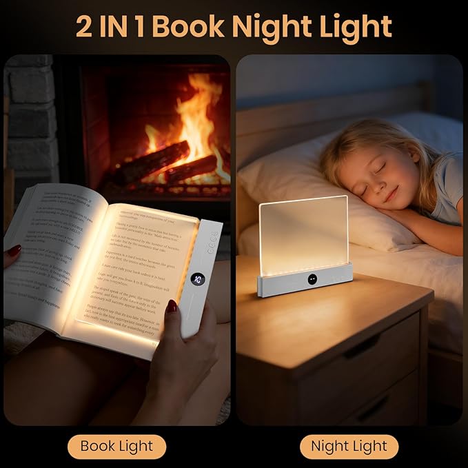 Flat Book Light, Rechargeable Clear LED Smart Reading Light with 3 Colors & Timer, Dimmable Full Page Panel Plate Lamp, Eye Protection, Portable Flat Reading Light for Bedside, Travel, Study (White)