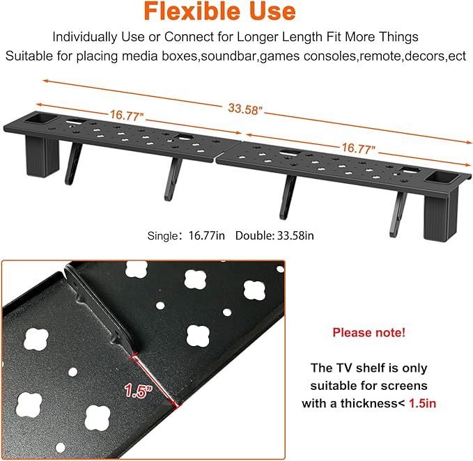 Steel TV Top Shelf, No Drilling Soundbar Mount,Monitor Shelf Adjustable Computer TV Screen Shelf Mount Bracket for Media Boxes, Router, Game Console, Remote,Cable Box Shelves,33.46 x 4.33inch
