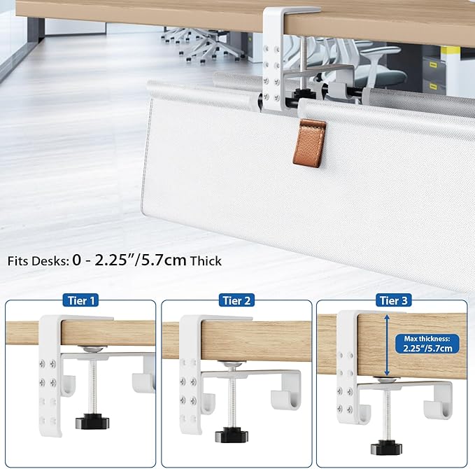 Zilink Under Desk Cable Management 30" No Drill Desk Cable Management Tray Clamp/Screw Mount Cable Tray Sturdy Waterproof Fabric Cord Organizer for Office, Home, White