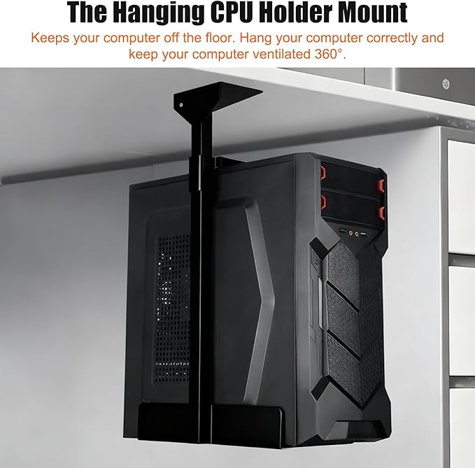 Heavy Duty Under Desk PC Mount, 66 lbs Load Capacity, Adjustable CPU Holder 100-480mm Height, Full Steel Construction, Fits Most Computer Towers, Space Saving Black Under Desk Computer Mount