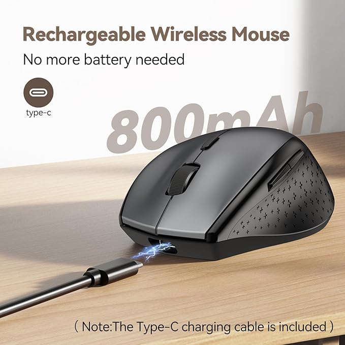 TECKNET Rechargeable Mouse with Jiggler, Plug & Play, 2.4G Connection with USB-C Adapter, Silent Mouse Quiet Click, 6400 DPI Ergonomic Mouse, Cordless Computer Mice for Laptop, Desktop, PC
