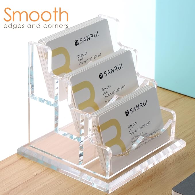 SANRUI Acrylic Business Card Holder for Desk, Horizontal Clear Name Card Display Stand Desktop Display Stand for Business Cards, Business Card Organizer, Perfect for Offices & Professionals 3 Slots