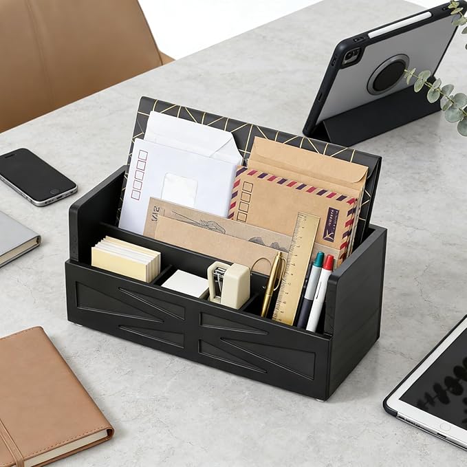 Mail Organizer Countertop, Wood Mail Holder Sorter for Desk, Rustic Bill Storage Organizer Box, Office Letter Basket for Document File Folder Paper Envelope