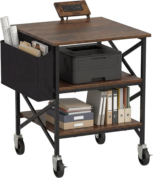Large Printer Stand with Storage Bag, Rolling Printer Cart with Power Outlet, 3 Tier with Height Adjustable Storage Shelf, 23.6 x 23.6 Inches Printer Table for Home Office
