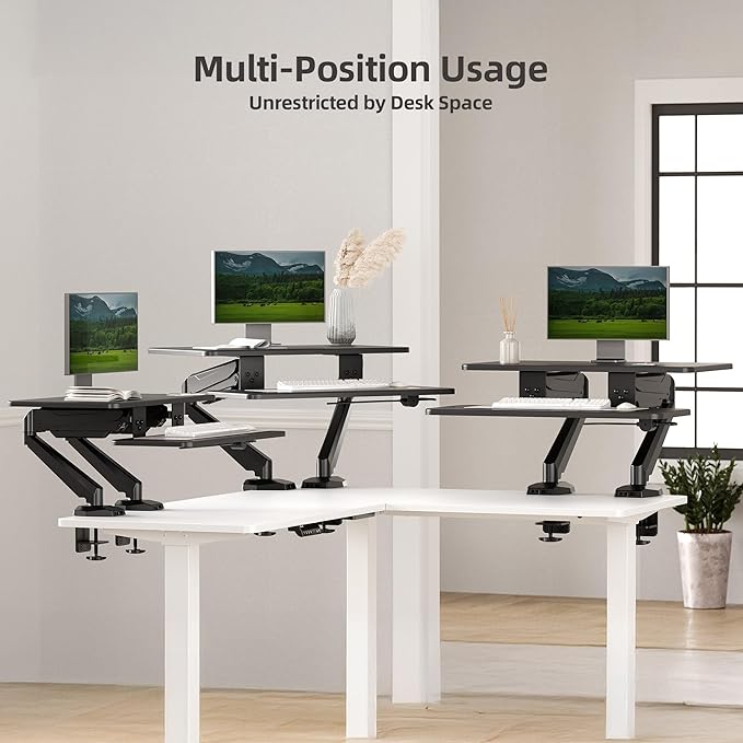 Claiks 24-Inch Sit-Stand Workstation，Innovative Space-Saving Height-Adjustable Ergonomic Desk Converter with Wide Keyboard Tray，Dual Fixation and Flexible Rotation Function, Black