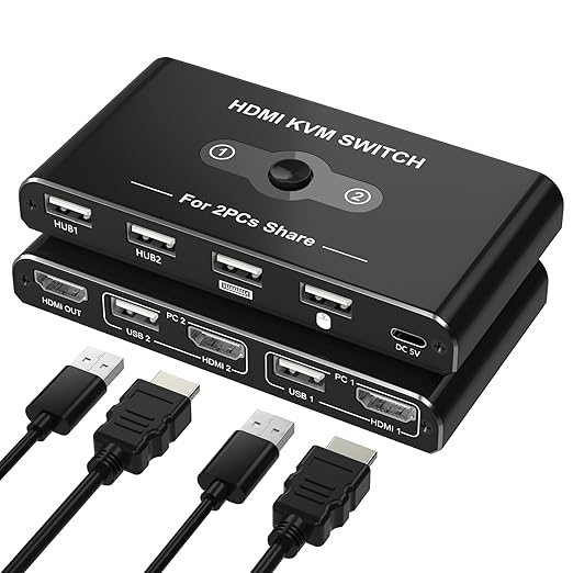 KVM Switch for 1 Monitor 2 Computers, 4K@60Hz HDMI KVM Switcher, HDMI USB Hub Switches for PC/Mac Pro/Laptop, Plug and Play, Share Keyboard Mouse Printer, with 2 USB Cables and 2 HDMI Cables