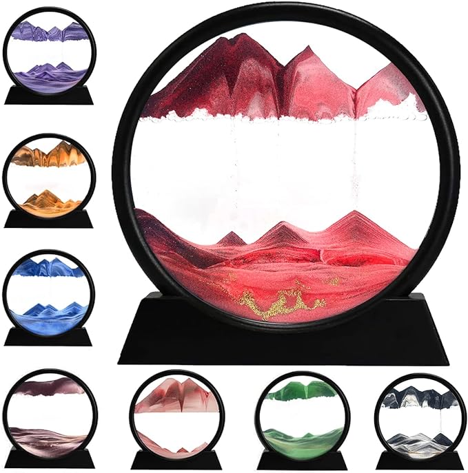 rysnwsu 3D Dynamic Sand Art Liquid Motion, Moving Sand Art Picture Round Glass 3D Deep Sea Sandscape in Motion Display Flowing Sand Painting Relaxing Desk Toys (Red, 12'')
