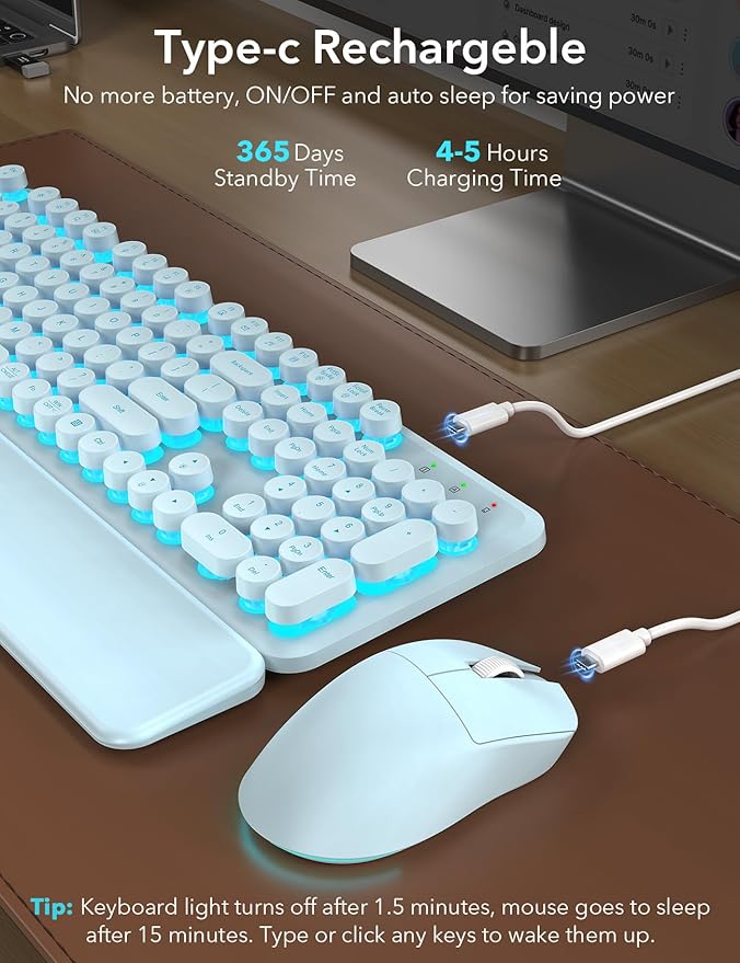 Wireless Keyboard and Mouse Backlit - Typewriter Keyboard with Detachable Wrist Rest, Light Up Letters, 2.4G Rechargeable Combo for Mac, Windows, PC, Laptop, Trueque (Blue)