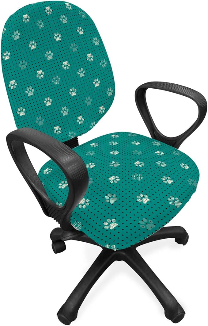 Ambesonne Paw Print Office Chair Slipcover, Modern Design Pattern of Animal Step Marks with Tiny Squares, Protective Stretch Decorative Fabric Cover, Standard Size, Teal Ivory