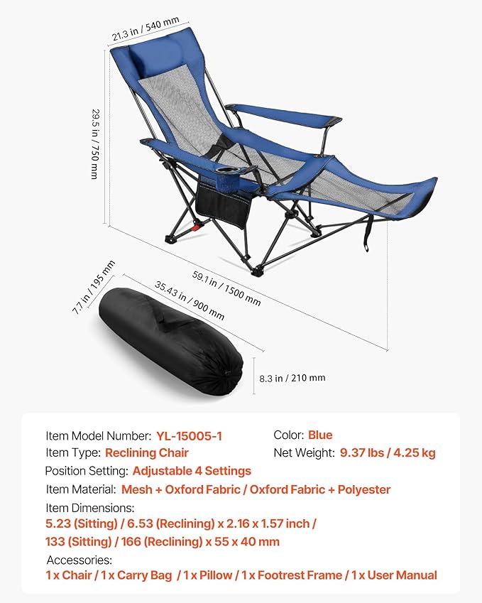 VEVOR 2-in-1 Reclining Camping Chair with Footrest for Adults, 4 Adjustable Positions, Portable Folding Lounger, Lightweight Mesh Beach Chair Supports 220lbs, Heavy Duty Camp Chairs Outdoor, Blue