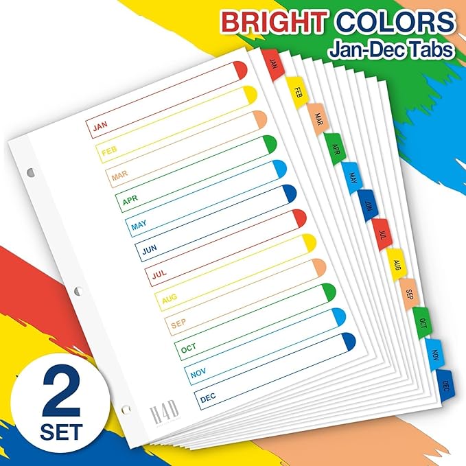 H4D Monthly Binder Dividers for 3-Ring Binder, Jan-Dec 12 Tab Dividers with Customizable Table of Contents, Multicolor Tabs, Reinforced Holes, Letter Size, Bright, 2 Sets