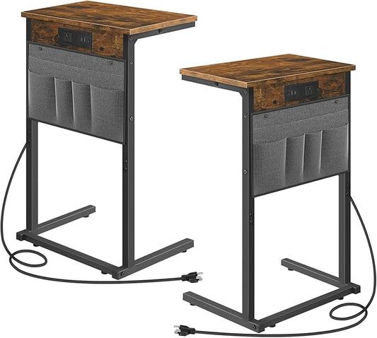 HOOBRO C Shaped End Table Set of 2 with Charging Station, 28" H Couch Side Tables for Small Spaces, Slide Under Sofa Tray Recliner Tables with Storage Bag for Living Room, Rustic Brown BF70USFP201