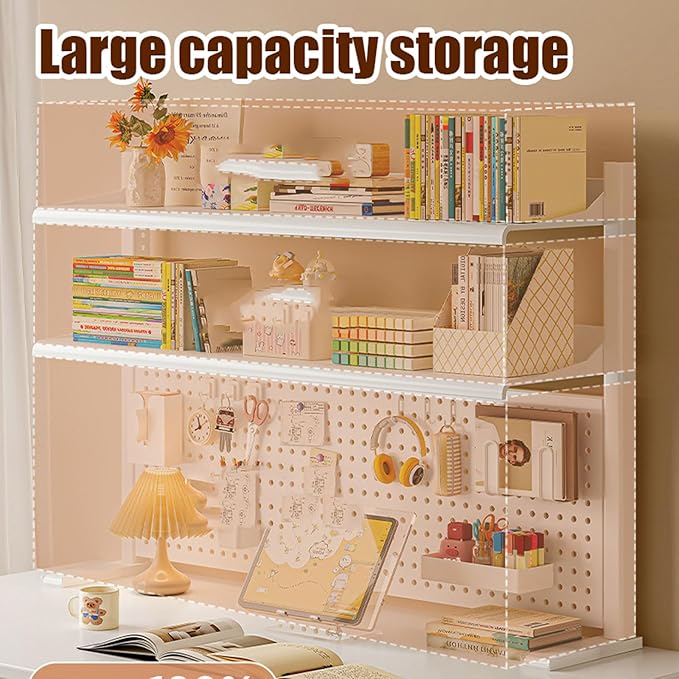 Clip-On Desktop Shelf for Home Office Storage, Clamp On Desk Organizer Shelf Clip On Shelving Unit with Perforated Board and Hooks, Storage Box,Blackclip Style2 Layers60X65Cm