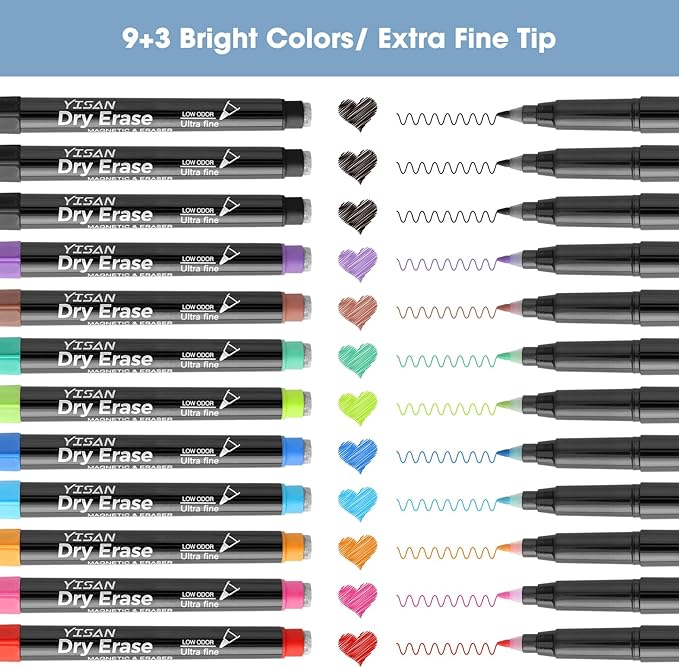 YISAN Dry Erase Markers Ultra Fine Tip,0.7mm Extra Fine Point, Magnetic Whiteboard Markers with Eraser,Assorted Colors,Low Odor,12 Count,70566