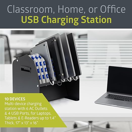 Pearington 10-Device USB Laptop Charging Station for Classroom, Home, or Office, Includes 6 AC Outlets & 4 USB Ports, Store Laptops, Tablets & E-Readers up to 1.4" Thick, 17" x 13" x 16"