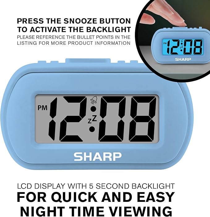 Sharp Digital Alarm Clock – Tactile Case with Soft Rubberized Finish - Battery Operated – Blue Backlight on Demand – Ascending Alarm – Easy to Use – Light Blue