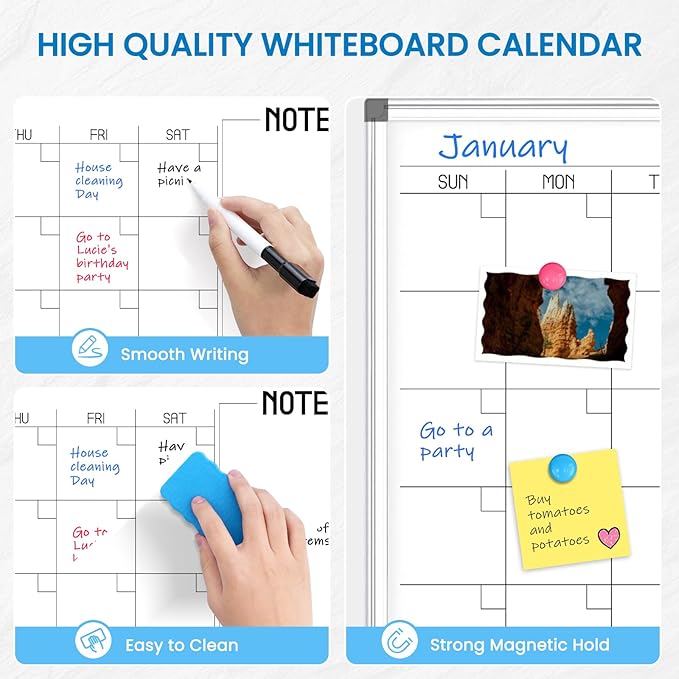 WALGLASS Dry Erase Calendar Whiteboard, 48" x 36" Monthly Large Dry Erase Calendar for Wall, Double-Sided Hanging White Board with Silver Aluminum Frame for Home, School, Office, Kitchen