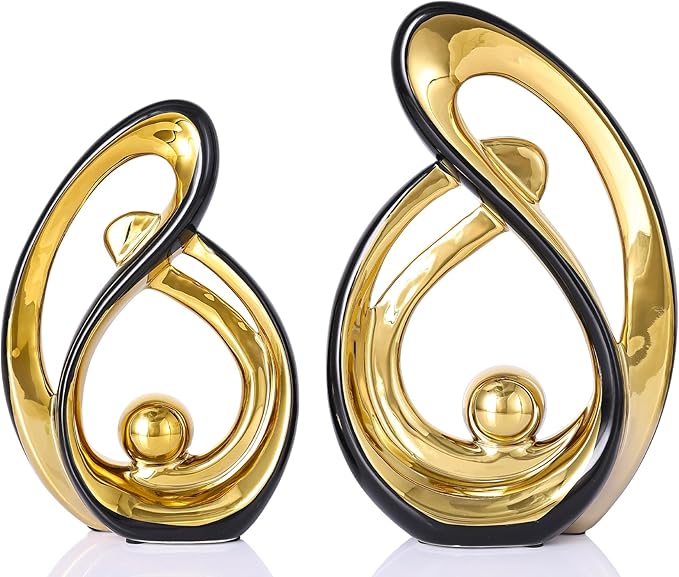DOVDOV Abstract Ceramic Statue 2 Piece Home Decor Accessory Set, Mid-Century Modern Art Decor and Accessories, Black and Gold Living Room Coffee Table Dining Table Center Foyer Entry Table Decor.