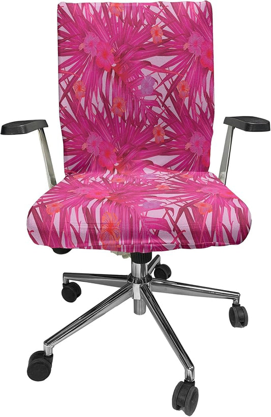 Ambesonne Hibiscus Office Chair Cover, Summer Concept Pattern of Tropical Flowers and Monstera Leaves, Stretchable Decorative Universal Size High Back Printed Slipcover, Raspberry Pink
