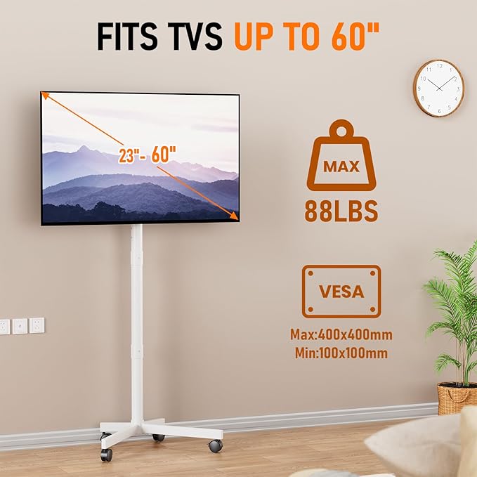 Mobile TV Cart Rolling TV Stand for 23-60 Inch LCD LED OLED Flat Curved Screens up to 88 lbs, Height Adjustable Portable TV Cart with Locking Wheels, Outdoor TV Stand Mount, Max VESA 400x400mm, White