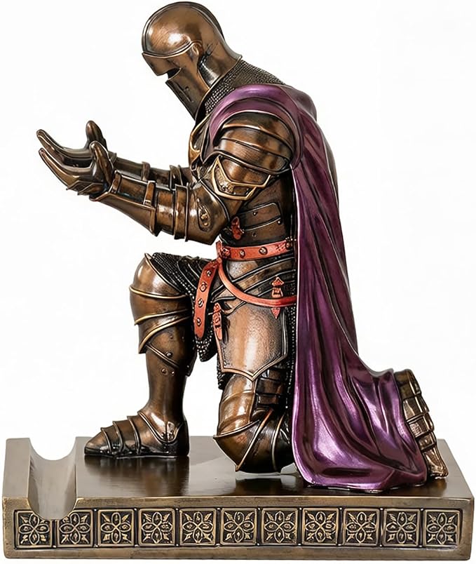 Medieval Armored Warrior Wearing Outerwear, Mobile Phone Stand Knight Pen Holder Desk Organizers, Resin Bookends Paperweight with a Letter Opener for Desk (Brown&Purple)