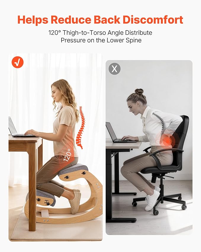 VEVOR Ergonomic Kneeling Chair, Wooden Posture Knee Chair with Adjustable Thick Foam Cushions & Solid Wood Frame, Adjustable Height, Relief for Neck or Back Pain for Home, Office or Meditation, Gray
