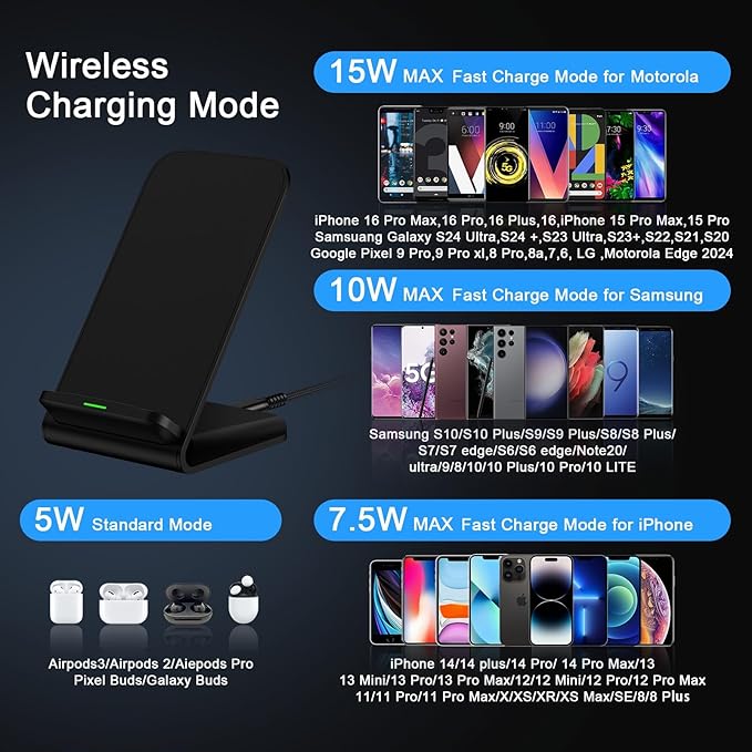 Samsung S26 S25 Wireless Charger Stand Wireless Phone Charger for Android Samsung Galaxy S25 Ultra S25 Edge S25 Plus S25FE S24FE S23 S22 S21 S20, Wireless Charging Station for iPhone 17 with Adapter