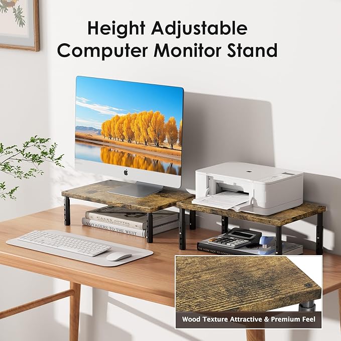 ECOLOVI Adjustable Wood Computer Monitor Stand Riser, Office Desk Organizer and Accessories for Monitor, Laptop, PC, Printer, Office Desk Accessories Workspace Organizer for Home Office Supplies, Brown