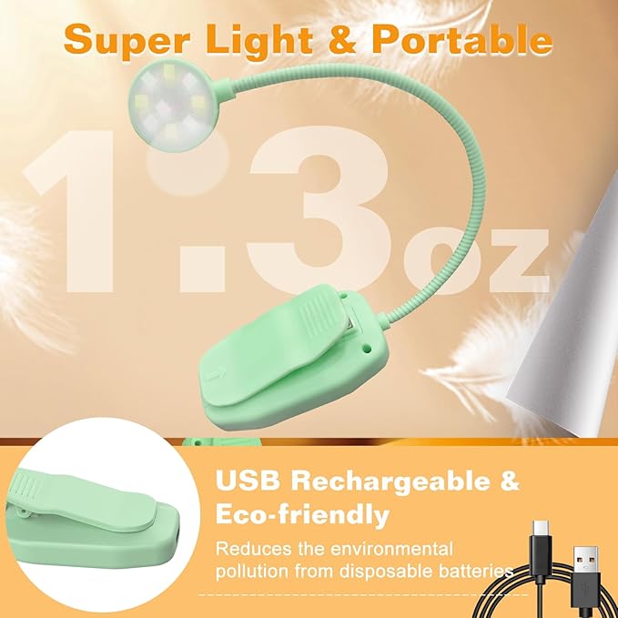 KTEBO 2 Packs Rechargeable Book Reading Light - Adjustable Brightness, 3 Color Temperatures, 30+ Hours Runtime - Eye Care 10 LED Lamp for Reading for Bed,Back to School Gift for Student-Green & Black