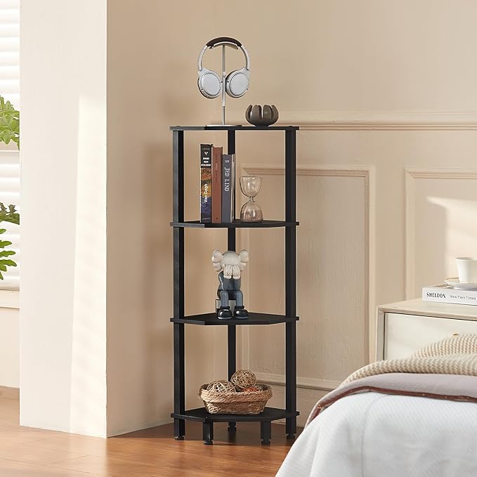 YUFAM 4-Tier Corner Shelf with Sturdy 5-Leg Base, 40in Tall Narrow Bookcase for Small Spaces, Wooden Plant Display Shelf, Thin Bookshelf for Living Room, Bedroom, Office, Black
