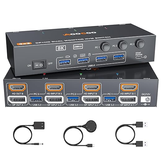 HDMI DP KVM Switch 2 Monitors 3 Computers 8K@60Hz 4K@144Hz,with 4 USB 3.0 Ports for 3 PC Sharing 2 Monitors Keyboard Mouse Printer with 2 USB Cables, Power Adapter and Controller,Multicolor