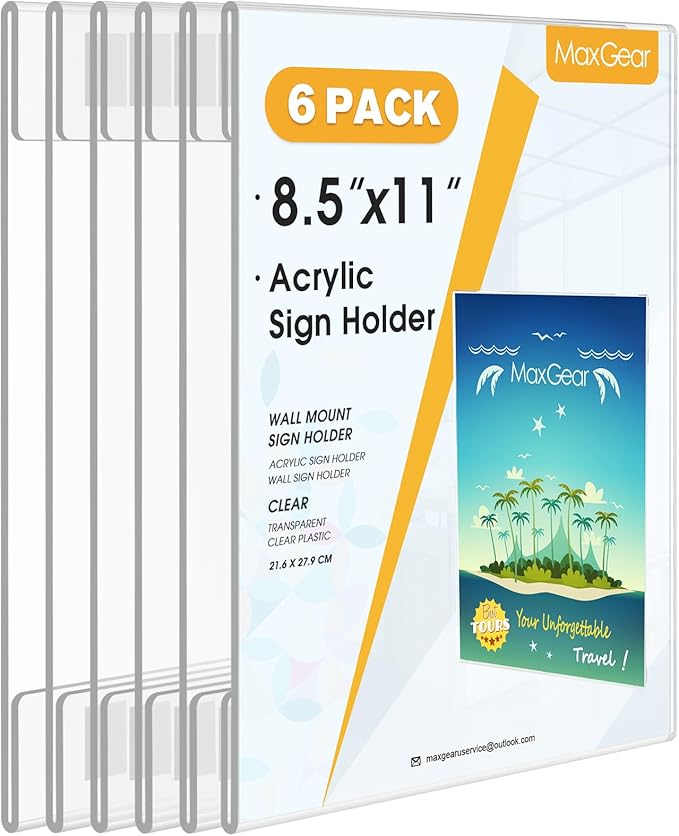 MaxGear Acrylic Sign Holder 8.5 x 11 inch 6 Pack, Wall Mount Clear Plastic Sign Holder with Double Sided Tape, Document Flyer Acrylic Picture Frame for Office, Home, Store