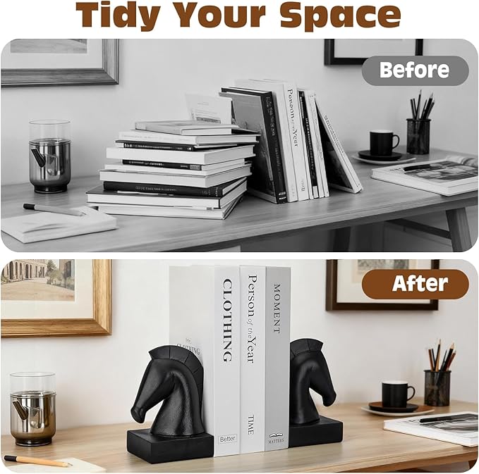 Black Horse Head Decorative Bookends - Heavy Duty Non-Slip Book Stoppers, Horse Statue Book Ends for Shelves, Modern Equestrian Ornaments for Home Farmhouse Shelves Office Lover Gift