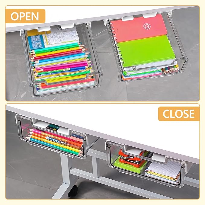 Under Desk Storage Drawer Self-Adhesive Easy Hidden Desktop Organizer, Attachable Clear Acrylic Storage Tray Under Table Drawer for Home Office School Counters Workstation, 1 Pack
