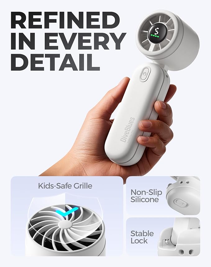 Diveblues Handheld Fan, 30ft/s Mini Portable Turbo Fan [12H Max Cooling], 4000mAh Personal Fan with LED Display, 3-in-1 Hand Held/Neck/Desk Fan for Travel, Cruise, Disney Essentials