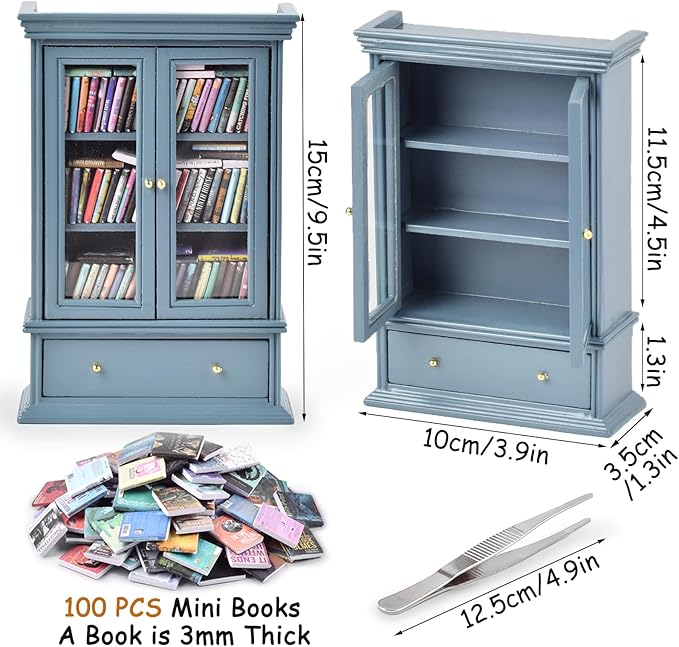 Anxiety Bookshelves, Anxiety Bookshelf, Handcrafted Mini Bookshelf with 100+ Unique Miniature Books, Small Anxiety Bookshelves Miniature Library, for Book Lovers, Blue