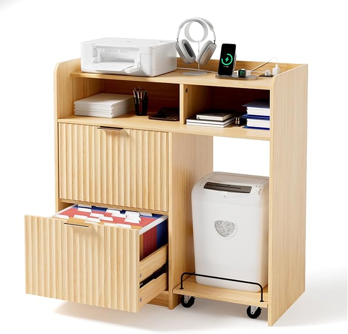 VINGLI Lateral 2 Drawer File Cabinet with Cart, Home Office Filing Organizer for Letter File Folder Storage, Fluted Design, Wood Filing Cabinet with Socket, Wide Printer Paper Shredder Stand (Oak)