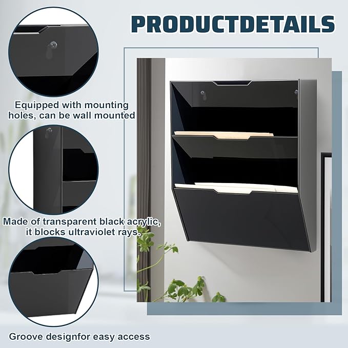 Chunful 3 Tier Mail Sorter Letter Wall Holder Black Acrylic Wall Mounted Mail Organizer Hanging File Envelope Pocket Plastic Mount Document Holder for Home Office Entryway