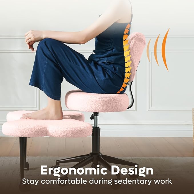 Pinmoco Ergonomic Cross Legged Chair, 360° Swivel Meditation Chair with Wheels, Height Adjustable Seat for ADHD, Strong Lumbar Support, Chic Home Office Furniture, Teddy Fabric, Pink