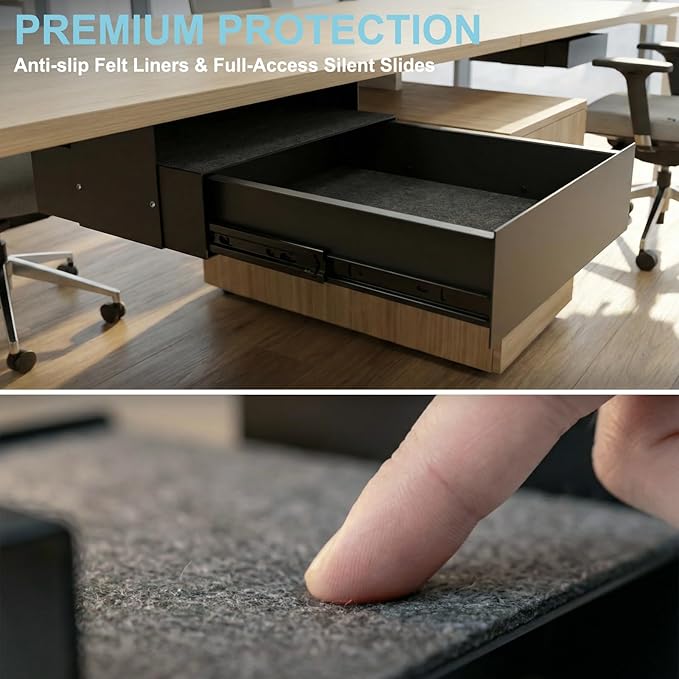 Under Desk Lockable Drawer, Slide-Out Storage Organizer with Full Extension Ball-Bearing Slides, Carbon Steel Undermount Drawer for Home Office Standing Desk, Black, 13.8 Inch