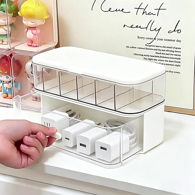 Cord Organizer Box with Lid, Stackable Cable & Charger Organizer, Clear Cable Management Box with 6 Compartment for Office, Desk, Drawer