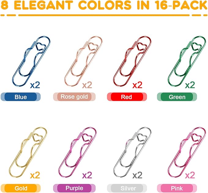 16 Pack QMPRKPE Paperclip Pen Holder for Notebook, Professional Heart Paper Clips Organizer, Multi-Purpose Metal Paper Clip Pen Holder, Vibrant Colors &Easy to Use for Students, Office & School