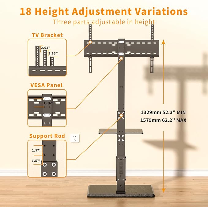Afaloona Universal Floor TV Stand, TV Floor Mount Stand with Power Outlet & Removable Shelf for 32-75 inch TV up to 110 lbs, Swivel and Height Adjustable Tall TV Stand for Bedroom(TCP01-2-M-A01)