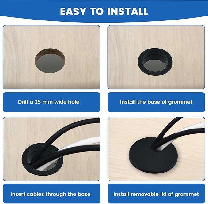 SDTC Tech 3-Pack 1 inch Desk Hole Wire Grommet Black Plastic Cable Cord Cover Organizers