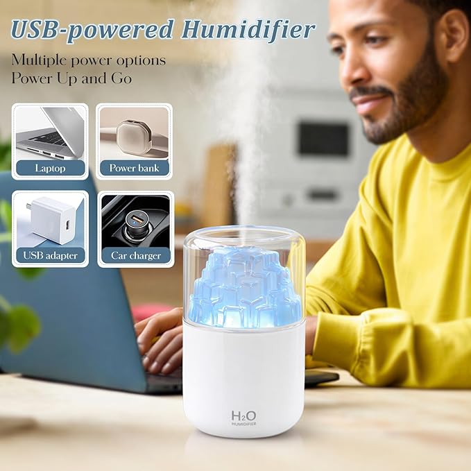 Portable Mist Humidifier with Colorful Light Auto-Off USB Desktop Personal Humidifiers 2 Cool Spray Modes 300ml for Bedroom Office Car Travel White