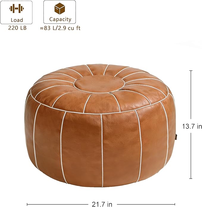 Thgonwid Unstuffed Moroccan Storage Pouf Foot Stool Ottoman Seat, No Filler Included, Handmade Faux Leather Bean Bag Floor Chair Foot Rest for Living Room, Bedroom or Balcony, Brown