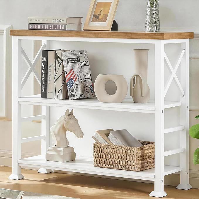 HOMBAZAAR 3-Tier Small Bookshelf, 35.4 Inch Short Book Shelf with Sturdy Metal Frame & Wood Shelves, Rustic Brown and White Industrial Bookcase for Living Room, Bedroom, Office