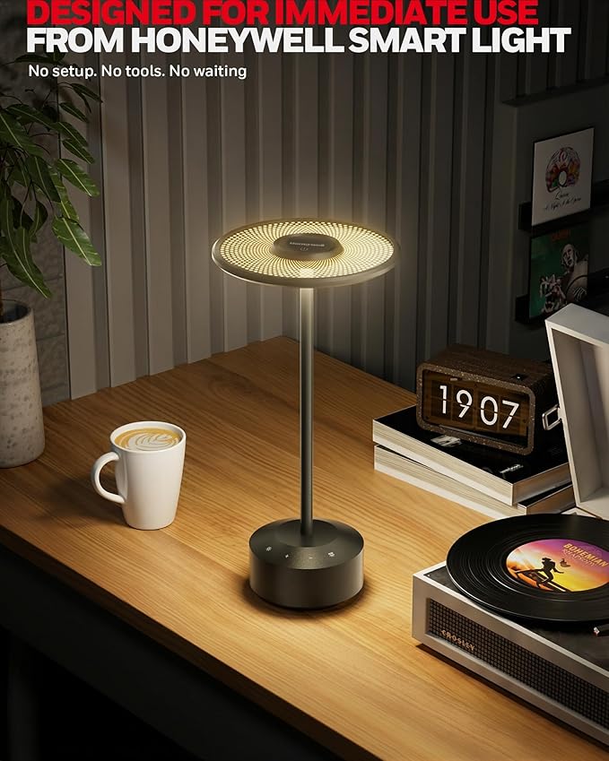 Honeywell Bedside Table Lamp, Rechargeable Nightstand Lamp with 5000mAh Battery, Cordless Battery Operated LED Touch Dimmable Light, RGB Mood Glow, 2000K-5700K, Small Accent Lamp for Bedroom